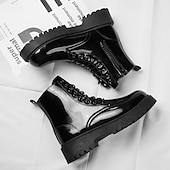 abordables Botas de combate-Botas con cordones para hombre de piel negra brillante con suela gruesa: imprescindibles para motociclistas, entusiastas del rock, estilo urbano informal y moda actual.