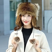 お買い得  暖房と冷房-冬用のかわいいアライグマのぬいぐるみ帽子、耳あて付きの暖かいトラッパーハット、子供と大人用のフェイクアライグマの毛皮のウシャンカアビエイターハット