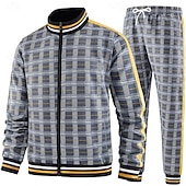 billiga Herrars 3D-tröjset-Herr Rutig Geometrisk 2st 3D-tröja set Träningsoverall Zip Up sweatshirts Långärmad Långa byxor Hög krage Sportig Utomhus Semester Sport Tryckt Dragkedja Vår Höst Grå Marinblå Ljusblå