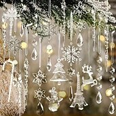 billige Ornamenter-32 stk krystallklare julepynt i akryl med snøflak, reinsdyr og istappklokker &amp;blinkende lyseffekt egnet for festdekorasjoner, jul, bursdagsfeiringer