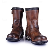 abordables Botas de cuero de primera calidad-Botas de cuero marrón de media pantorrilla para hombre: calzado retro de motociclismo de piel de vaca auténtica con correa de hebilla para estilo motero y uso informal al aire libre.