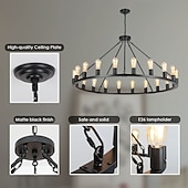 olcso Gyertya-led csillár fekete kerekeken 20 fényes nagy kerek rusztikus vidéki csillár ipari lámpatest étkezőbe nappali konyha sziget előtér előszoba