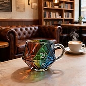 abordables Mugs et tasses-Mug à dés arc-en-ciel D20, tasse à café à dés polyédriques avec anse, mug de jeu en verre transparent pour les amateurs de RPG, mugs de soirée de jeu pour les amateurs de fantasy