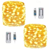 olcso USB-tápellátás-2 db 20 m/66 láb 200 led gyöngy karácsony halloween esküvői party fesztivál tündér fényfüzér beltéri és kültéri udvari kerti dekoráció fényfüzér usb tápegység 8 funkciós távirányító