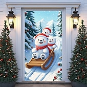 Christmas Door Cover Holiday Curtain Decoration Winter Theme Drapes Featuring Christmas Tree Polar Bear And Santa Hat Large Fabric Panel Festive Home Decor For Living Room Bedroom Entryway4