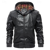 economico Giacca in ecopelle-Per uomo Giacca in Ecopelle Giacca da Moto Vacanza Quotidiano Antivento Caldo Tasca Autunno &amp; Inverno Semplice Moda Classico Con Cappuccio Regolare Nero Vino Marrone Giacca