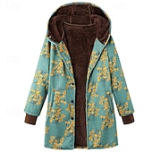 preiswerte Fleece-Futterjacken-Damen Wintermantel Mantel Kapuzenjacke Warm Bequem Tasche Knöpfe Lässig Blumen Urlaub Ausgehen Wochenende Regulär Kapuzenpullover Normale Passform Langarm Oberbekleidung Weiß Gelb Rote Herbst Winter