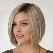 levne starší paruka-Dámská popelavě blond ombre rovná bob paruka s tmavými odrosty, přirozeně vypadající, realistické syntetické vlasy, tepelně odolná krátká, elegantní, pro denní nošení, módní styl