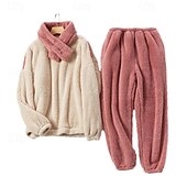 billiga Loungewear till damer-Dam Pyjamas Vardagsklädsel Ledigt Lappverk Ren färg Lappverk Semester Hem Säng Långärmad Rund hals Blå Beige Höst Vinter Skräddarsydd passform