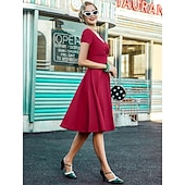 abordables Dresses-1950s Retro Vintage Midi Dress Swing Dress Flare Dress Solid Color Fit &amp; Flare V Neck Fancy Dress Women's Halloween Carnival Valentine's Day Casual Homecoming Retro Theme Party Adults' Dress Spring