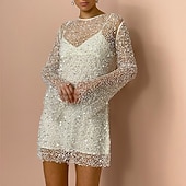 olcso Flitteres ruhák-Női Mini ruha Flitteres ruha hétköznapi ruha Koktélruha ruhakészlet Divat Modern Napi Tengerpart Hétvége Normál Sima Hosszú ujj Terített nyak Fekete Fehér Sötétzöld Sárgabarack Nyár Tavasz