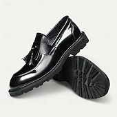 זול מכנסי עור פרימיום-נעלי לוקס שחורות לגברים עם ציציות, נעלי עסקים קלאסיות, ללבישה במשרד, מסיבות ואירועים חצי רשמיים