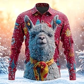 ieftine Imprimeu Animale-Crăciun Bărbați Animal Lene Alpaca Cămașă Camașă cu nasturi Manșon Lung Amuzant În aer liber Concediu Primăvară Toamnă Răsfrânt Imprimare 3D cămăși cu guler Roșu 1 Roșu-aprins Kaki Albastru Deschis