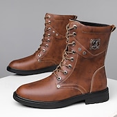 Czarne, skórzane, sznurowane, męskie buty bojowe z okrągłym metalowym logo, grubą podeszwą i wojskowym stylem – idealne dla motocyklistów Harley'a, miłośników mody punkrockowej, osób lubiących swobodne chodzenie na świeżym powietrzu i do codziennego użytk tanie Buty bojowe-Czarne, skórzane, sznurowane, męskie buty bojowe z okrągłym metalowym logo, grubą podeszwą i wojskowym stylem – idealne dla motocyklistów Harley'a, miłośników mody punkrockowej, osób lubiących swobodne chodzenie na świeżym powietrzu i do codziennego użytk