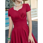 abordables Dresses-1950s Retro Vintage Midi Dress Swing Dress Flare Dress Solid Color Fit &amp; Flare V Neck Fancy Dress Women's Halloween Carnival Valentine's Day Casual Homecoming Retro Theme Party Adults' Dress Spring
