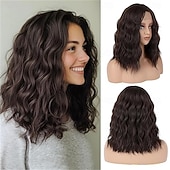 ieftine Peruci de petrecere-Peruci pentru femei, de culoare maro nuc ombre până la blond cenușiu, pentru păr, lungime medie, 40 cm, creț și ondulat, cu despărțire pe mijloc, perucă sintetică cu aspect natural, pentru