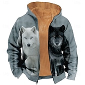 abordables Imprimé animalier-Homme Loup Polaire Sweat à capuche Veste Sweatshirt Classique Militaire Chasse manche longue Col ras du cou Extérieur Camping Noir Bleu de minuit Gris Gris 2 Zip Up Automne Hiver Designer S M L XL