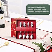 abordables Decoración de Mesa y Comedor-Cuchara navideña de acero inoxidable, juego de 4 piezas con diseño de árbol de Navidad, ideal para el hogar, café, cena, postres, helados y otras ocasiones especiales. Un regalo creativo para fiestas