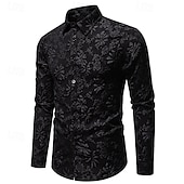baratos Camisas casuais inteligentes masculinas-Homens Camisa Social Camisa casual camisa de botão Preto Branco Manga Longa Floral Tecido Lapela Férias Casual Jacquard Roupa Moda Chique &amp; Moderno Casual Informal mas elegante
