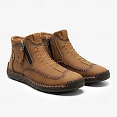 baratos Ténis para Homem-botins casuais masculinos de couro marrom com zíper e design costurado à mão - confortáveis e leves para uso diário e ao ar livre