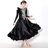 Χαμηλού Κόστους Ανταγωνιστικά Ρούχα-Γυναικείο φόρεμα χορού ασύμμετρο με φλοράλ κεντημένο σατέν μακρυμάνικο, κομψό φόρεμα βαλς, τάνγκο, φοξτροτ, διαγωνισμού – μαύρο &amp;πράσινο