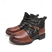 baratos Botas de trabalho-Botas masculinas de couro sintético bicolor, pretas e marrons, com tira de fivela lateral e design de gáspea dobrada, botas vintage feitas à mão para amantes da moda retrô