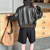 economico Giubbotti di Pelle per Ragazze-Bambini Ragazze Giacca in pelle nera Giacca di pelle Tinta unica Moda Cerniera Tasca All&#039;aperto Cappotto Capispalla 4-12 Anni Autunno Marrone