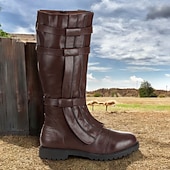 رخيصةأون أحذية ركوب الخيل-حذاء رجالي بني اللون من الجلد الصناعي يصل إلى الركبة - عصري مع تفاصيل رباط، مثالي للأنشطة غير الرسمية والخارجية