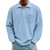 billige Klassisk poloskjorte for menn-Herre Kordfløyel skjorte Med Tekstur Feriereise Gate Quarter Zip Langermet Mote Grunnleggende Helfarge Lomme Høst Vår &amp; Vinter Normal Svart Hvit Navyblå Lilla Kakifarget Militærgrønn Kordfløyel