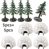 cheap Collectible Figurines-10-Piece Mini Arctic Igloo and Evergreen Tree Figurine Set, Plastic Mini Shelters with Snow-Covered Trees, Mushroom-Themed Garden Decoration Toys, Perfect for Desktop and Bookshelf Displays