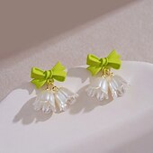 abordables Bagues pour femmes-Boucles d'oreilles pendantes en forme de nœud et de clochette – Boucles d'oreilles pendantes en résine verte et lys blanc pour femmes