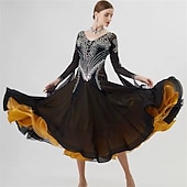 cheap Competition Wear-Women's Ballroom Dance Dress Rhinestone Mesh Long Sleeve Waltz Tango Competition Performance Gown with Layered Gold Hem – Black Gold