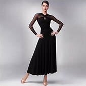 economico Abbigliamento da Competizione-abito da ballo da sala da donna blu navy elegante a maniche lunghe in rete con scollo incrociato, abito da competizione per valzer, foxtrot e tango
