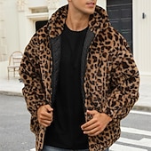 voordelige Herenjacks &amp; jassen-Voor heren Winterjack Jas van imitatiebont Dagelijks Vakantie Thermisch Warm Fleece Herfst Winter Luipaard Modieus Streetwear Capuchon Normaal Imitatiebont Geel Jacks