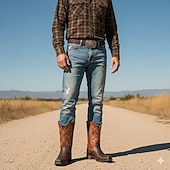 cheap Cowboy &amp; Western Boots-Men's Western Cowboy Boots with Orange Ostrich Leather and Dark Brown Embroidered Upper - Vintage Style for Rodeo and Casual Wear