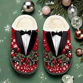 abordables Pantoufles &amp; tongs-Chaussons imprimés smoking de Noël pour hommes - Design smoking classique, pantoufles doublées de peluche pour hommes, thème des fêtes pour les fêtes de Noël, détente et cadeaux de vacances