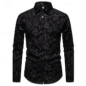 baratos Camisas casuais inteligentes masculinas-Homens Camisa Social Camisa casual camisa de botão Preto Branco Manga Longa Floral Tecido Lapela Férias Casual Jacquard Roupa Moda Chique &amp; Moderno Casual Informal mas elegante