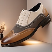 cheap Brogue Shoes-Men's Brown and Beige Faux Leather Brogue Oxford Shoes with Wingtip Detailing and Classic Lace-Up Design, Vintage Formal Shoes for Office and Parties