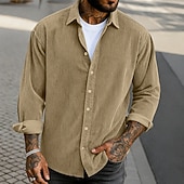 economico camicia da uomo con bottoni-Per uomo Camicia Camicia casual Camicia di Velluto a Coste Camicia con Bottoni Nero Kaki Verde militare Grigio Manica Lunga Tinta unica Collo ripiegato Casuale All'aperto Caldo Abbigliamento Vintage