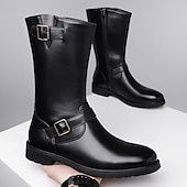 olcso Motoros csizma-Fekete műbőr férfi motoros csizma csattal – tartós és stílusos lábbeli motoros rajongóknak és karácsonyi kalandokhoz