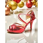 billige 1920-tallet &amp; Gatsby-epoken-Røde metalliske latinske dansesko til dame - profesjonelle ballroom salsa tango sandaler med stroppedesign og høye hæler for konkurranse eller opptreden