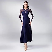 economico Abbigliamento da Competizione-abito da ballo da sala da donna blu navy elegante a maniche lunghe in rete con scollo incrociato, abito da competizione per valzer, foxtrot e tango