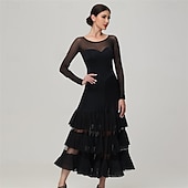 cheap Competition Wear-Women's Ballroom Dance Dress Layered Ruffle Mesh Long Sleeve Elegant Tango Waltz Foxtrot Competition Performance Gown – Black