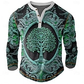 abordables Vintage y retro-Hombre Graphic Árboles Henley Shirt Tee Manga Larga Vintage Elegante Casual Diario Exterior Primavera Primavera &amp; Otoño Azul Oscuro Verde Trébol Caqui Henley Camiseta Henley
