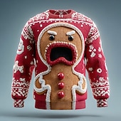 billige stygge gensere for menn-Stygg julegenser Herre Pepperkakemenn Pullover genser Strikketøy Crewneck Fritid Feriereise Daglig Festival Trykt mønster Hold Varm Langermet Vår Høst Vinter Hvit Rød Lilla