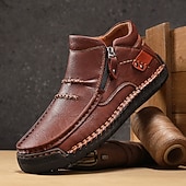cheap Ankle Boots-Men's Brown Handmade Faux Leather Moccasin Shoes with Side Zipper and Non-Slip Sole, Comfortable Casual Loafers for Outdoor and Driving
