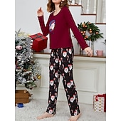 baratos Pijamas de Natal-Conjunto de Pijamas de Natal Feminino com Boneco de Neve e Árvore de Natal Confortável Gráfico do Pai Natal Cintura Elástica Camiseta Calça Férias em Casa Manga Longa Gola Redonda Rosa Vinho Vermelho