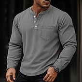 Недорогие Повседневная футболка Хенли-SoftFade™ Мужская футболка Henley длинный рукав Henley весна осень винтаж ретро винтажная повседневная винтажного стиля выцветшая стиранная повседневная голубой черный темно-синий топ футболка для