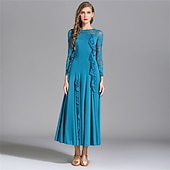 economico Sala da Ballo Standard-Abito da ballo da sala con dettagli in pizzo per donna - abito a trapezio a maniche lunghe con dettagli arricciati per competizioni, balli latini ed eventi di danza - azzurro