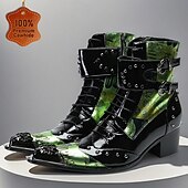 economico Stivali in pelle di alta qualità-stivali western da uomo in vera pelle verde con motivo coccodrillo e cinturino con fibbia, stivaletti da cowboy in pelle bovina al 100% per palcoscenici, feste e spettacoli di moda